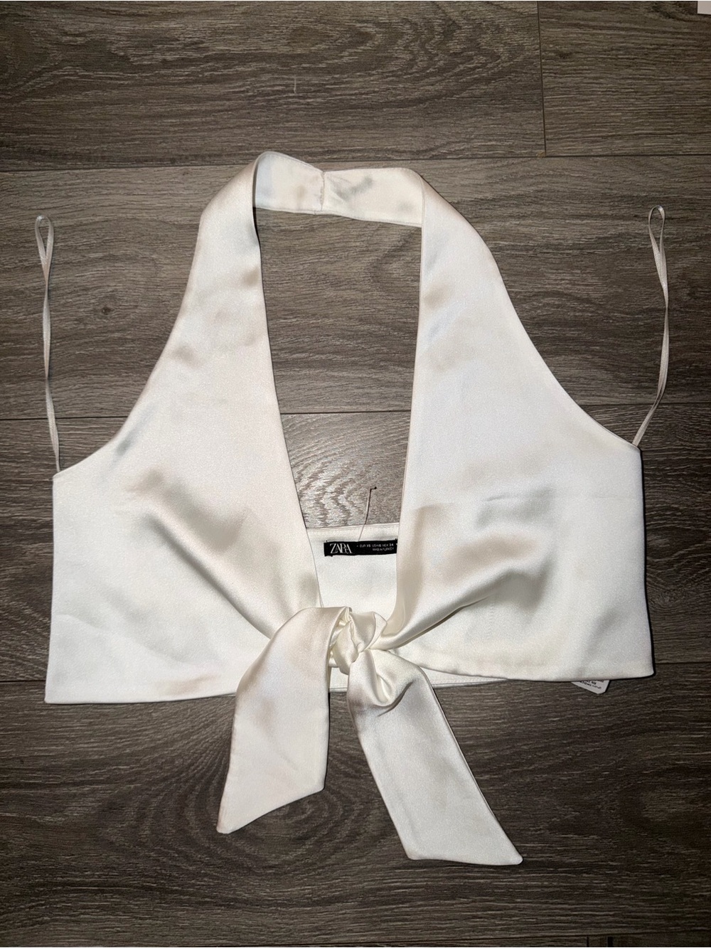 Zara White Satin Tie-Front Halter Top